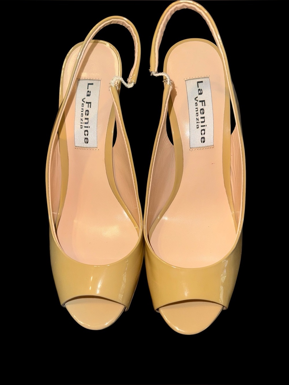 La Fenice Venezia beige patent leather peep-toe slingback heels. EUC